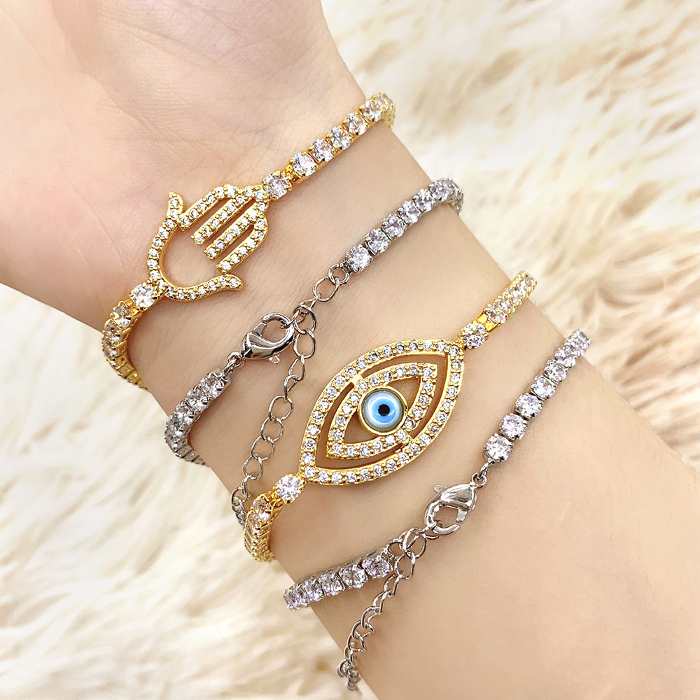 foxi跨境饰品个性手链女ins法蒂玛之手款式锆石手镯铜镀18k金首饰