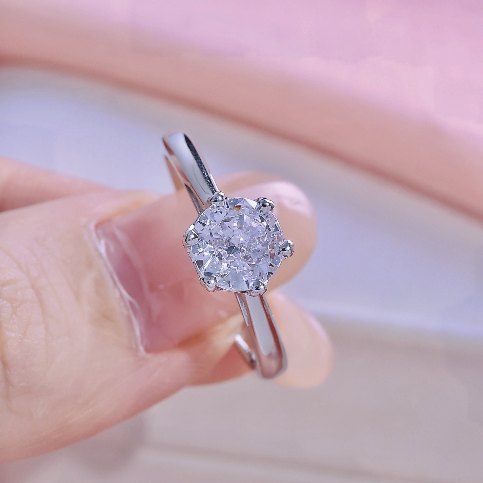 跨境仿莫桑石一克拉花托经典六爪开口可调节轻奢小众白铜女式戒指