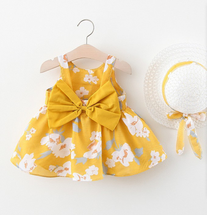 A749 Summer New Type Baby Girl Vest Dress Princess Dress 1234-Year-Old Chest Big Bow Floral Dress with Hat