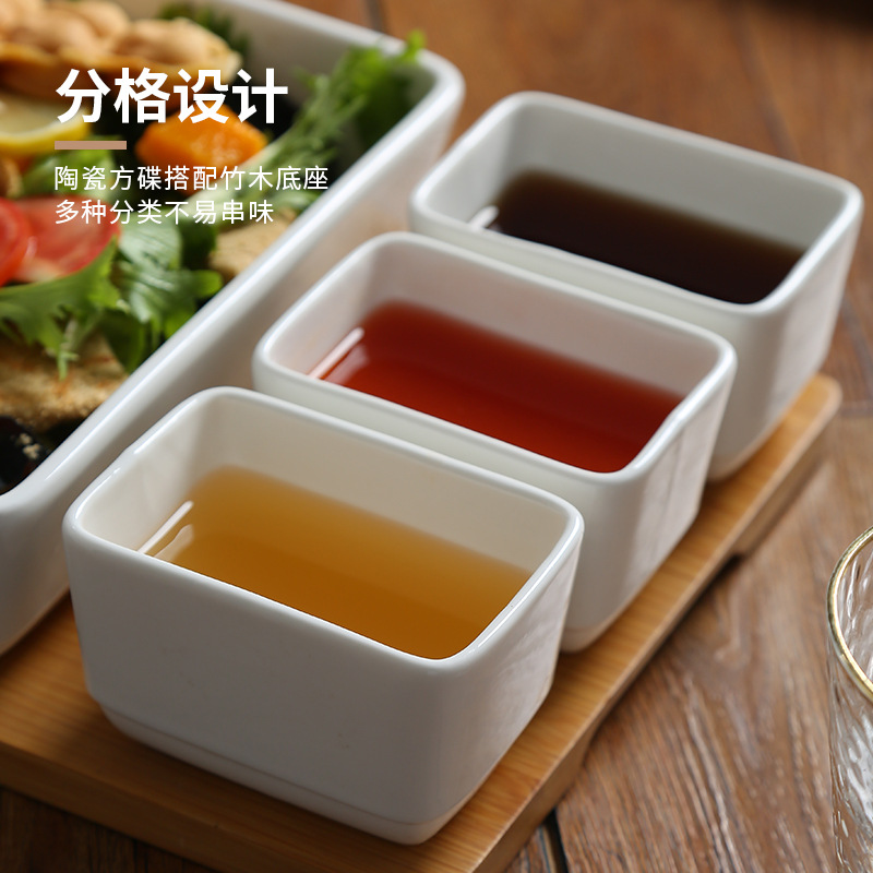 Modern Simple Partition Platter Set Ceramic Square Belt Large Capacity Wooden Pallet Household Restaurant Fruit Salad Plate