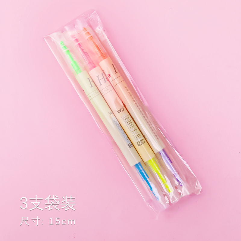 Korean Creative Double-Headed Two-Color Fluorescent Pen 6-Piece Student Key Sentence Marking Pen Color Oblique Head Marker