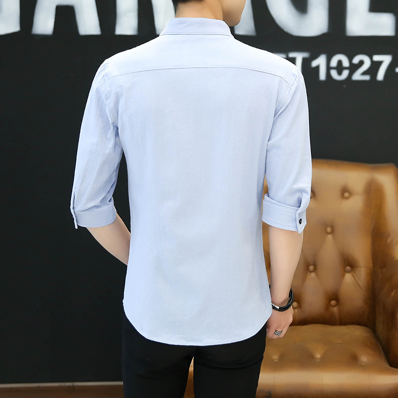 Summer Linen Stand Collar Shirt Men's Short-Sleeved Korean-Style Slim-Fit Trendy, Casual and Handsome 3/4 Sleeve Half-Sleeve White Shirt