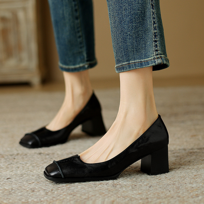 四季通勤鞋2024春夏季新款鞋子方头粗跟高跟鞋简约正装浅口单鞋女
