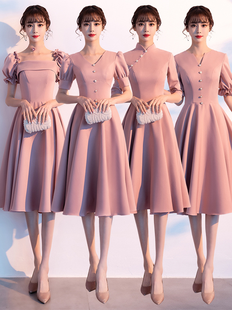 粉色闺蜜伴娘服简约气质缎面礼服平时可穿小个子女生年会晚礼服
