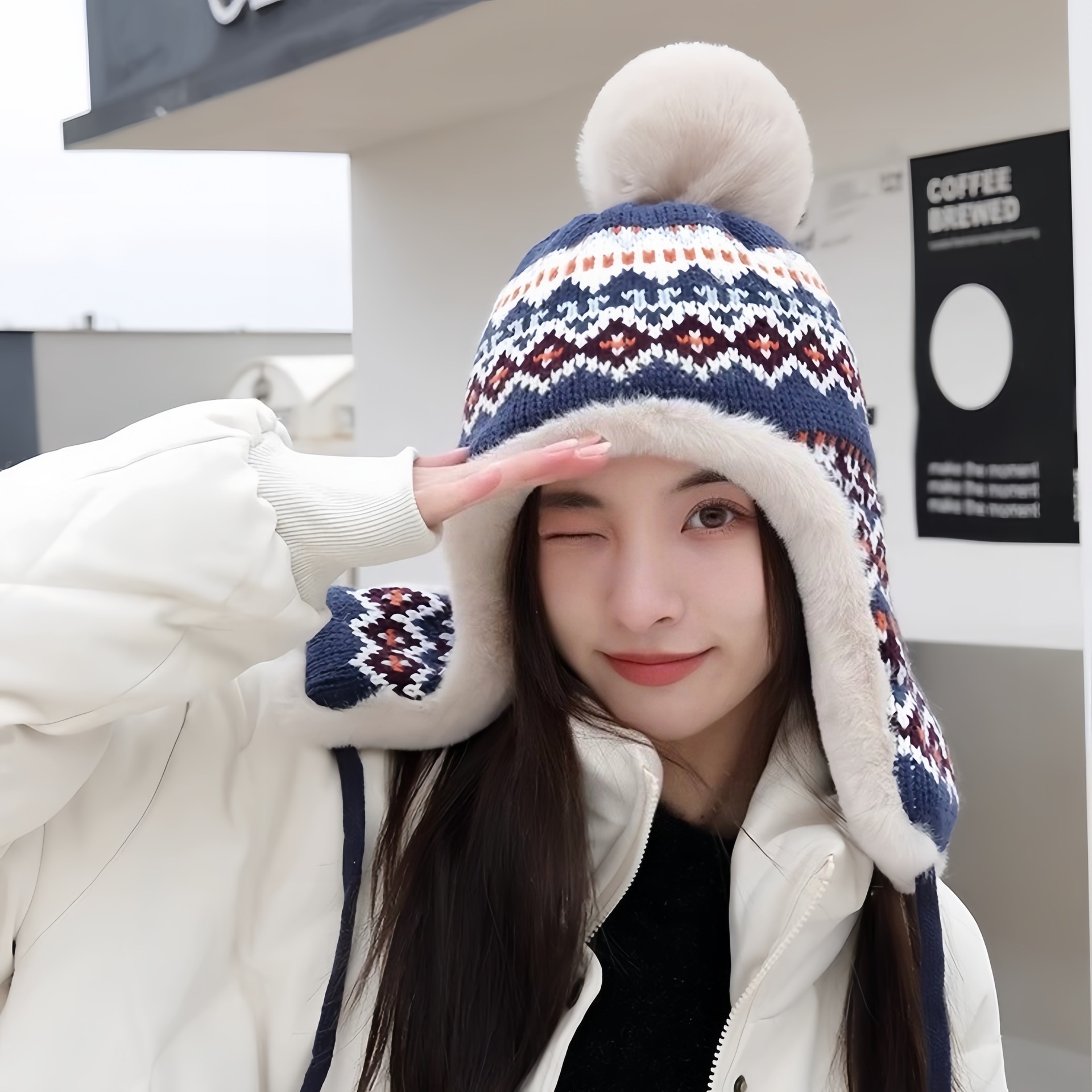 秋冬款雷锋帽加绒加厚百搭毛绒帽子防风护耳保暖毛线帽时尚帽子女