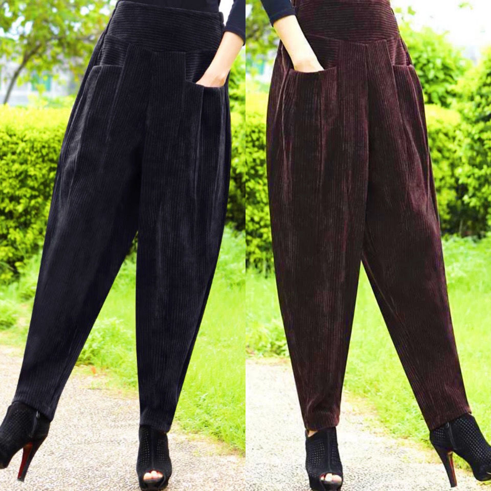 灯芯绒萝卜裤春秋女士裤子哈伦裤女宽松高腰条绒加绒加厚灯笼裤