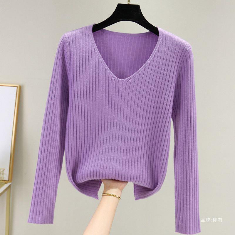 Spring New Long-Sleeved Bottoming Shirt Women's Inner V-neck Sweater Women's Loose Solid Color Top Short Autumn and Winter Sweater