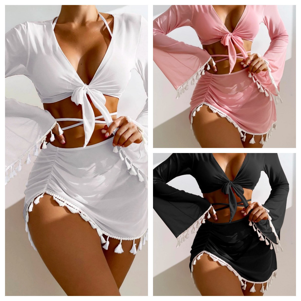 2023 new european and american foreign trade swimsuit women‘s split three or four piece suit solid color tassel lace-up long sleeve ins internet celebrity cross