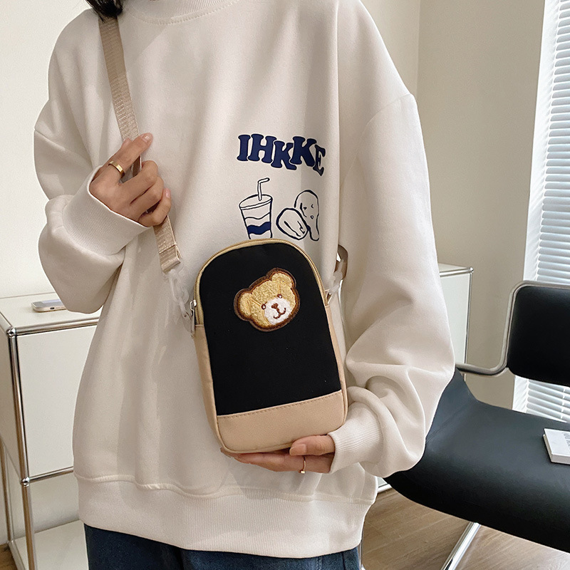 Foreign Trade 2023 New Canvas Bag Korean Fashion Casual Pouch Simple Bear Contrast Color One-Shoulder Crossboby Bag Women