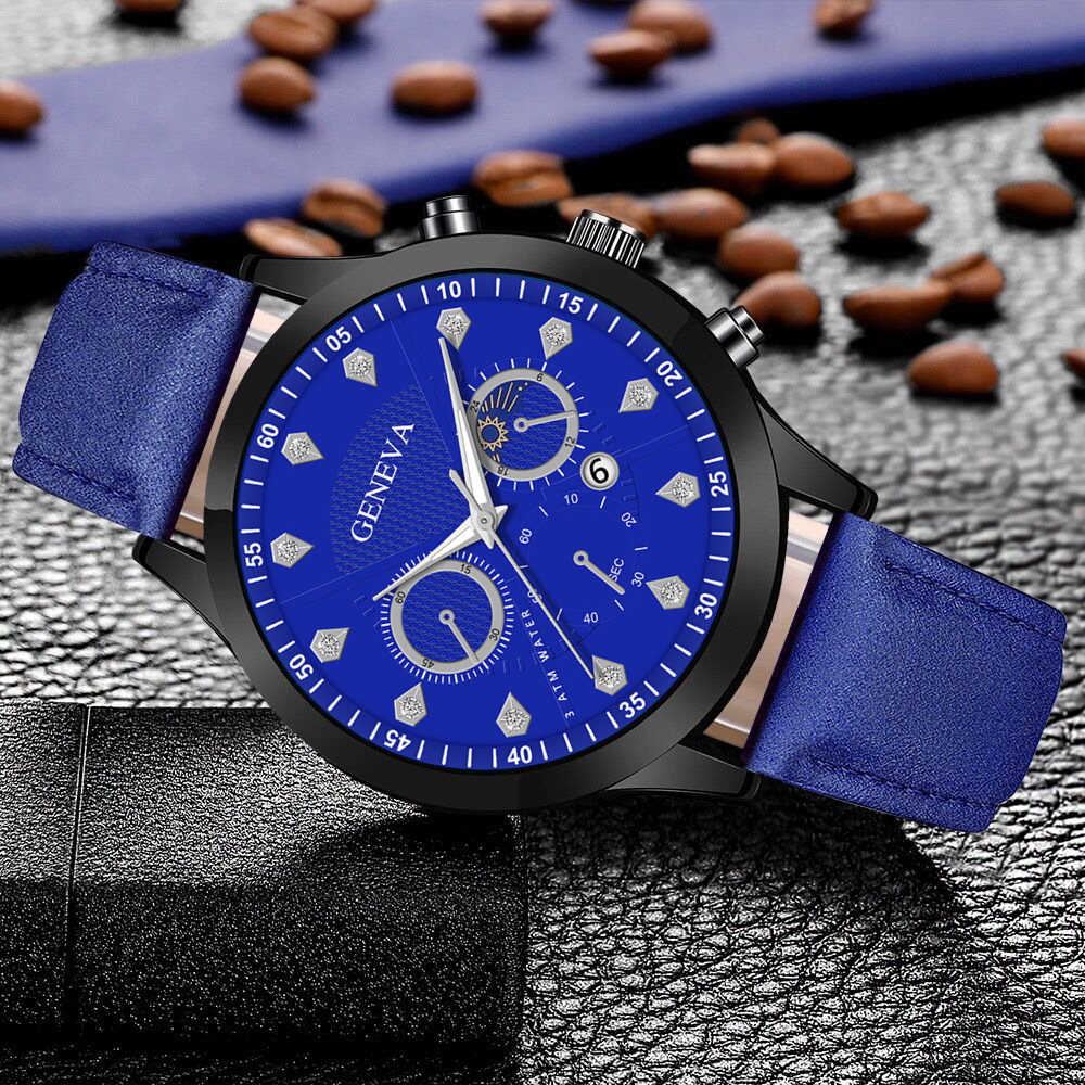 geneva新款日月星辰男士皮带手表假三眼莱茵石镶嵌日历石英表男款