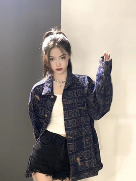 tenpsen 早春破洞满印牛仔情侣外套翻领宽松国潮流小众设计感夹克