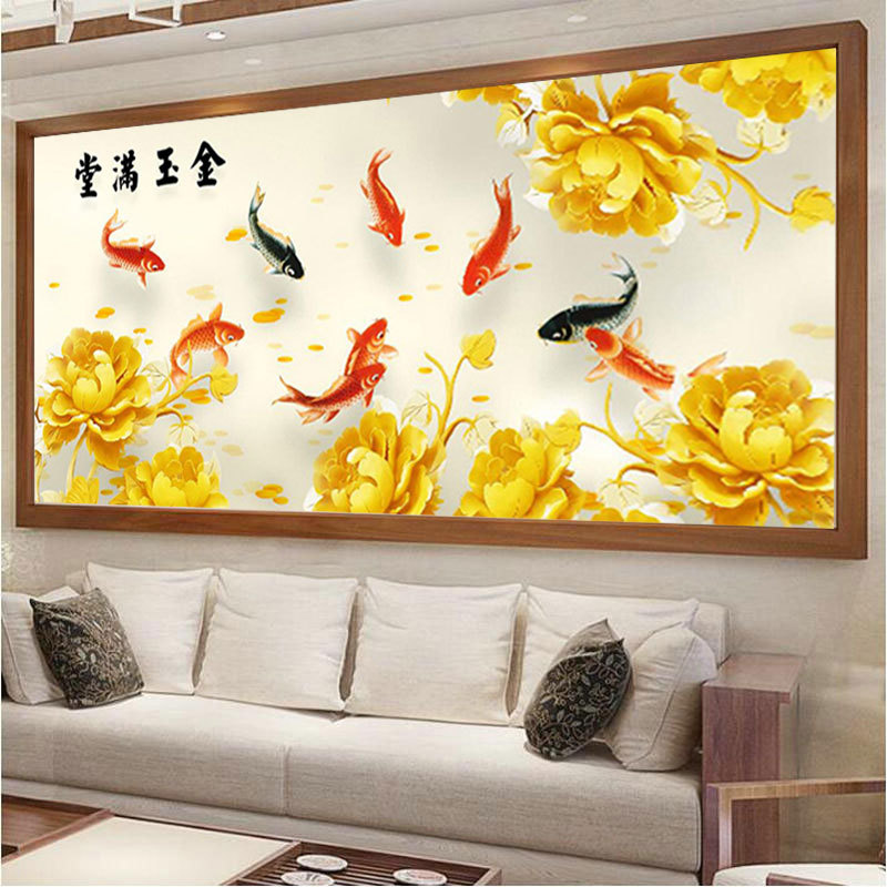 钻石画代发圆钻满钻客厅大幅横版九条鱼金玉满堂九鱼图砖石画diy