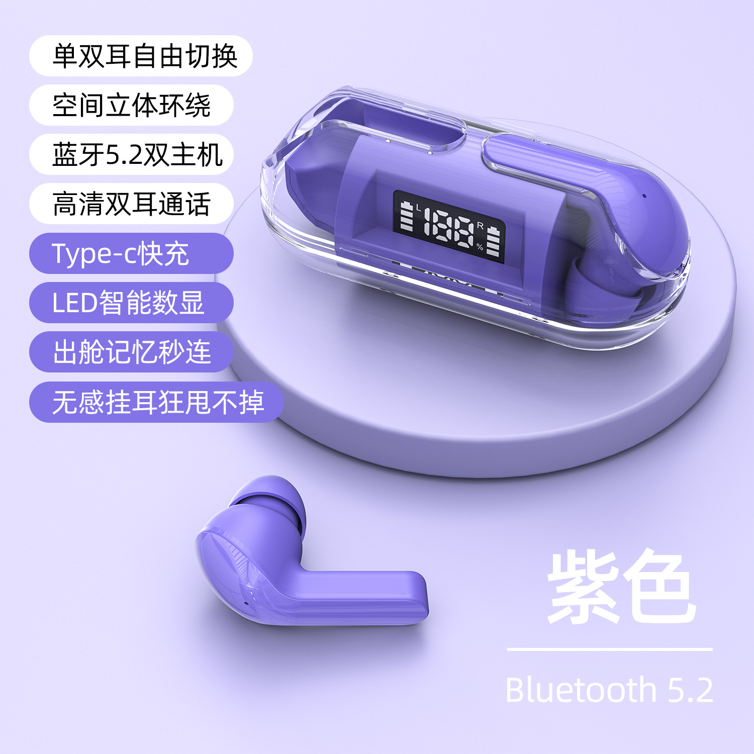 Cross-Border New Arrival F20 Wireless Bluetooth 5.2 Translucent Design Intelligent Digital Display with Touch in-Ear Game Headset