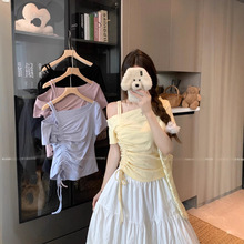 辣妹设计感蕾丝拼接短袖t恤女夏季新款修身显瘦纯欲芭蕾风bm上衣
