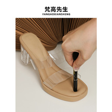 真皮踩屎感~防水台透明高跟鞋女2025年新款粗跟凉拖水晶凉鞋外穿