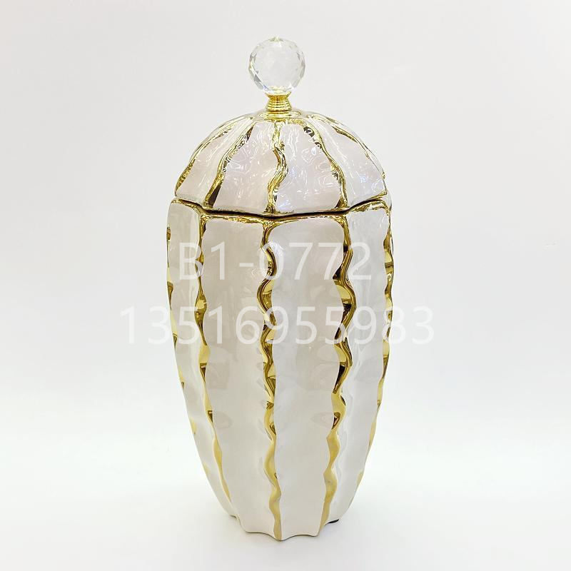 Light Luxury Metal Ceramic White Plating Gold Temple Jar Storage Jar Vase European Style Vase Crafts Decoration and Ornament