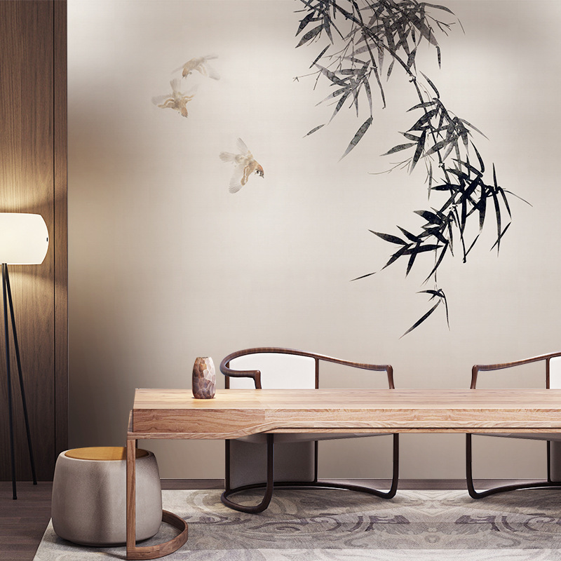 现代中式客厅茶室壁画意境淡雅水墨竹子电视沙发背景墙纸壁布