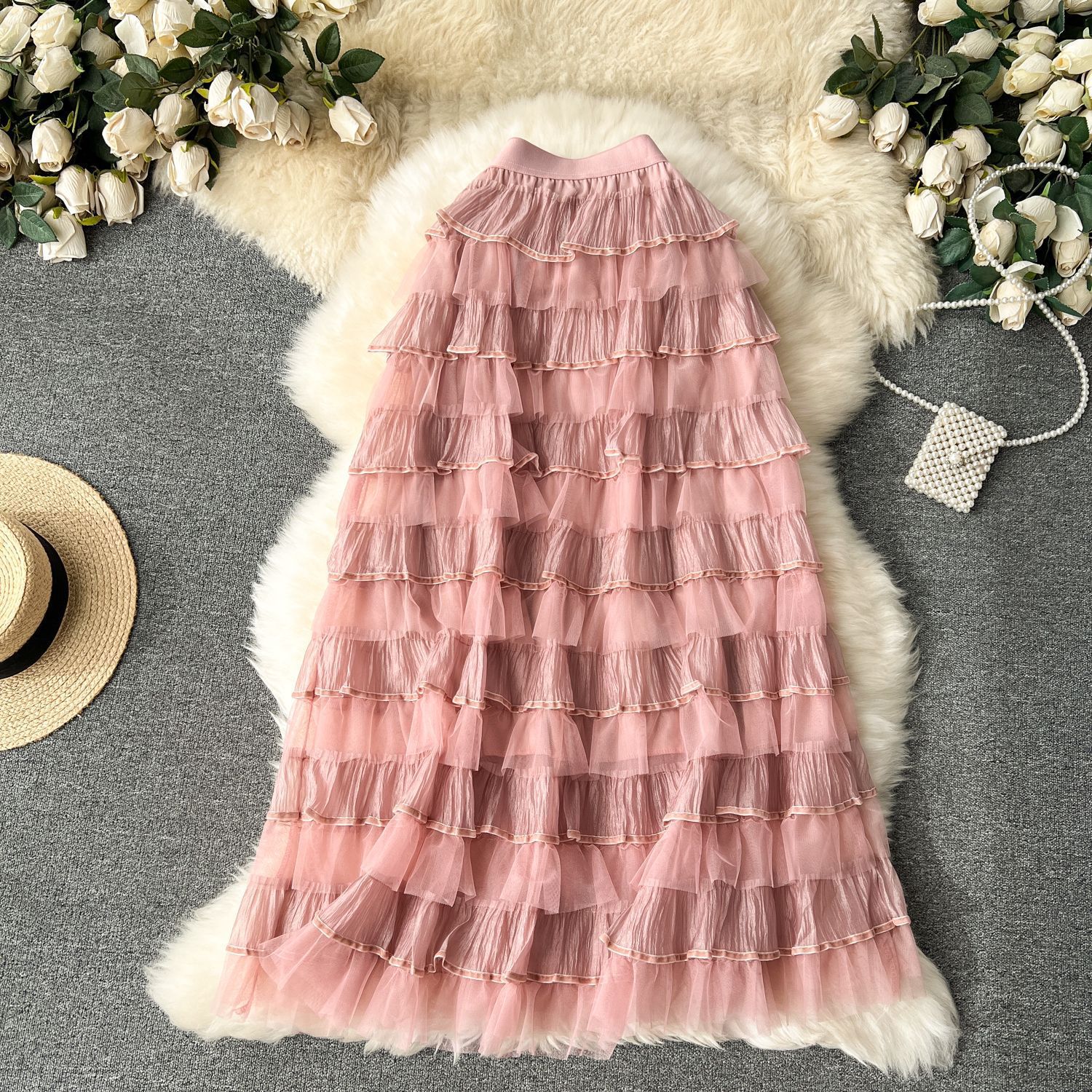 法式温柔风网纱半身裙女春秋新款甜美高腰层层蛋糕裙气质蓬蓬纱裙