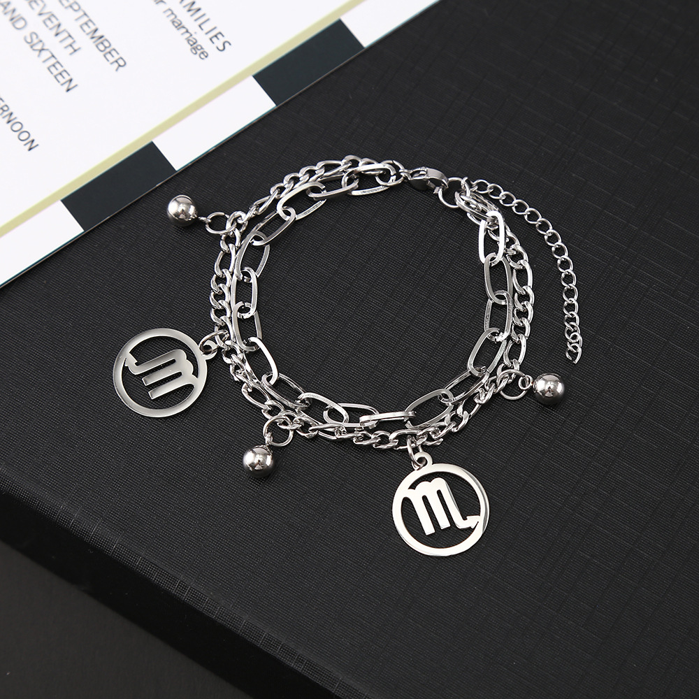 Korean Style Twelve Constellation Titanium Steel Bracelet Male and Female Personality Double Chain Bracelet Korean Style Fashion Bracelet Wholesale Delivery
