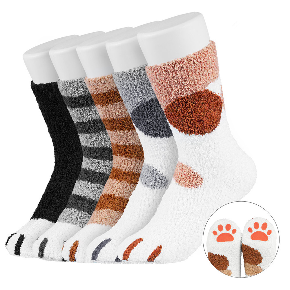 珊瑚绒猫爪女袜冬季加厚地板袜点胶猫爪印冬季半边绒保暖袜子跨境