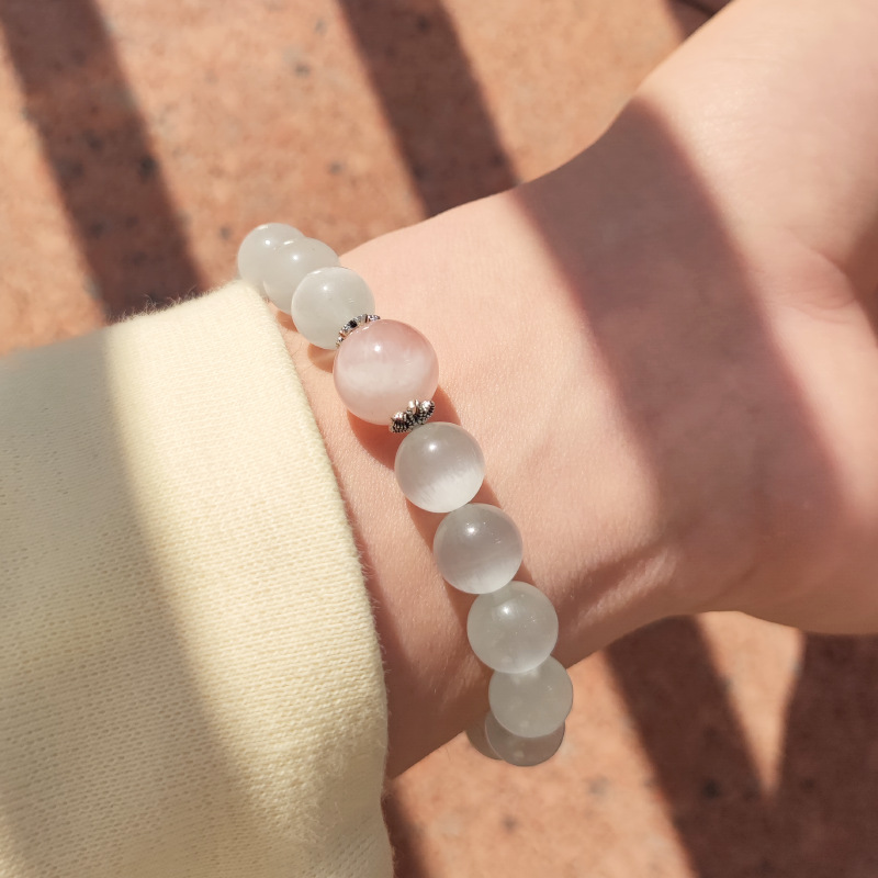 [Iceberg Lovers] Natural Pink Crystal Bracelet Simple Antique Guardian Love White Cat Eye Crystal Bracelet S925 Silver