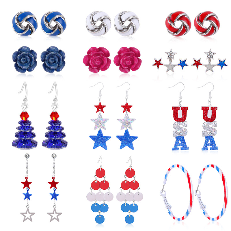 Amazon American Independence Day Earrings National Flag Red Blue White Pendant Ornaments Butterfly Lips Love Heart Earrings