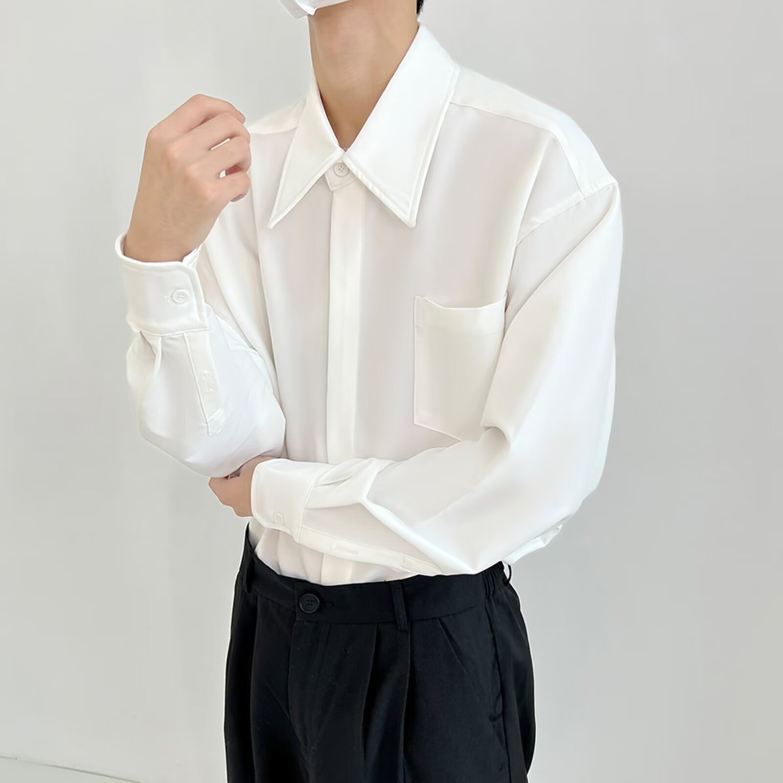 衬衫男士长袖高级设计垂坠感宽松港风春秋季免烫法式大领白色衬衣