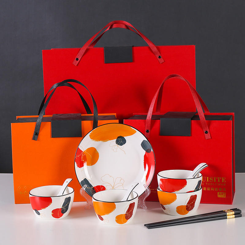 轻奢之色彩碗筷礼盒套装 礼品陶瓷餐具青花瓷碗 加印logo套装批发