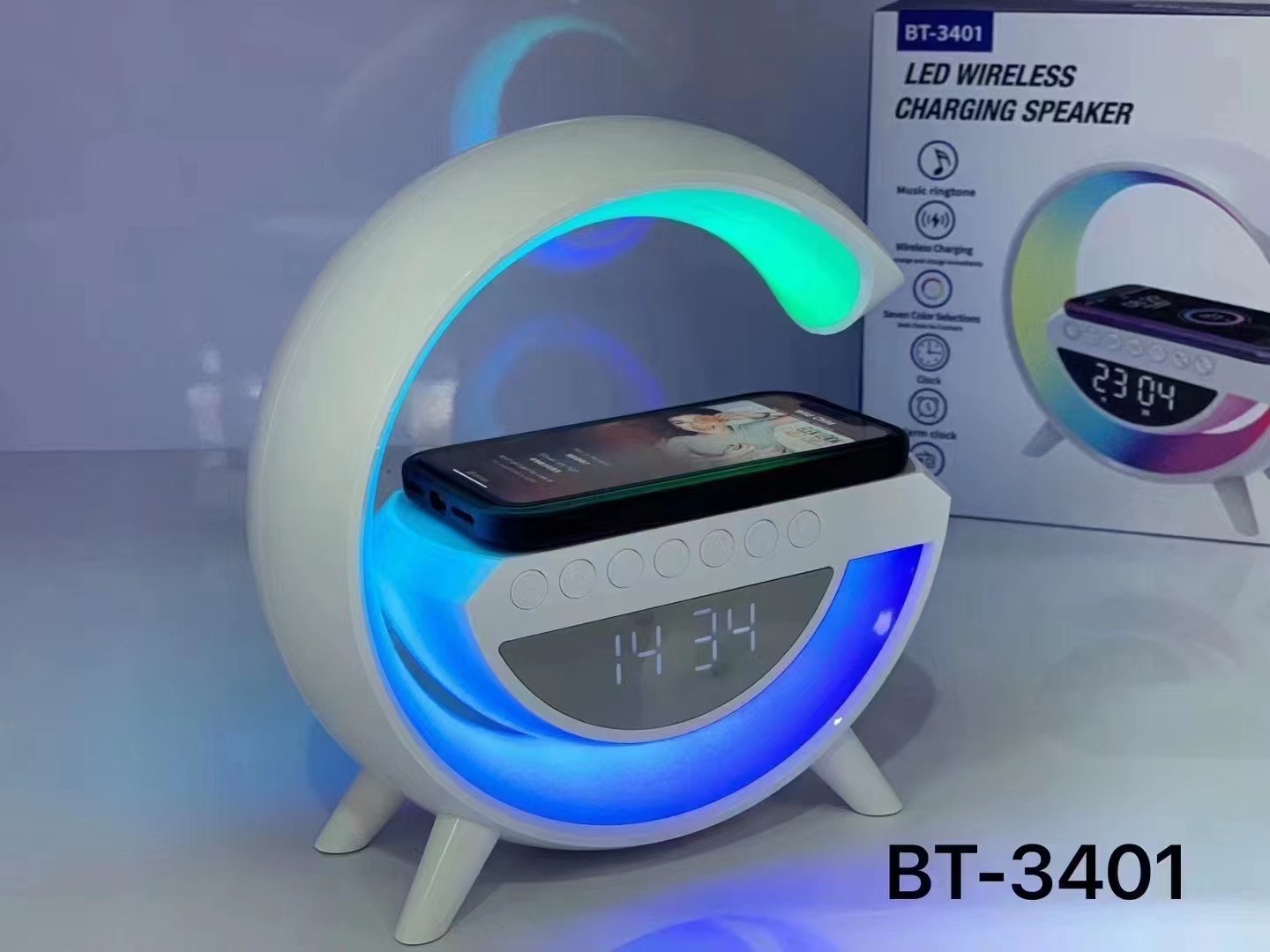 popular big g light 15w wireless charger bluetooth speaker with clock display desktop colorful ambience light creative gift