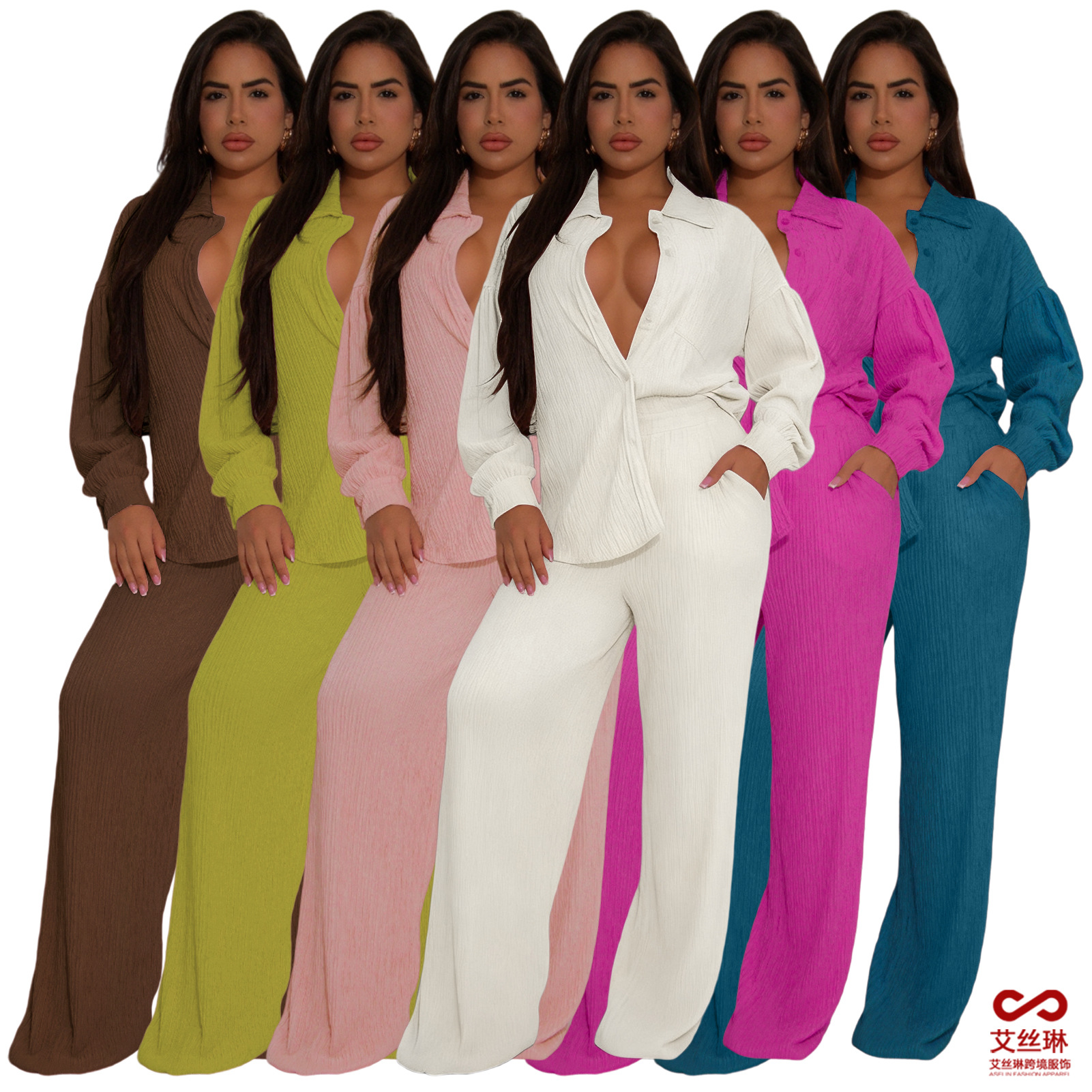 GL6793 欧美跨境亚马逊女装 弹力压皱绑带多口袋甩腿裤阔腿裤套装