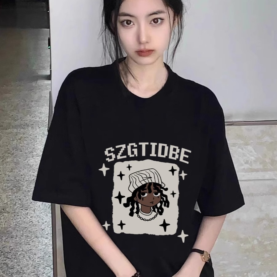 夏季短袖2023新款美式复古卡通印花黑色短袖上衣酷酷情侣穿搭上衣