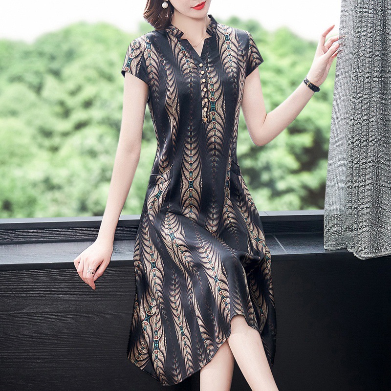 2021夏装仿真丝连衣裙女短袖中年妈妈桑蚕丝中长款印花裙一件代发
