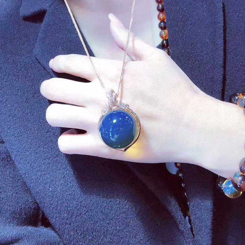 正品多米尼加蓝珀项链925银毛衣链天空蓝净水蓝珀吊坠琥珀蜜蜡女