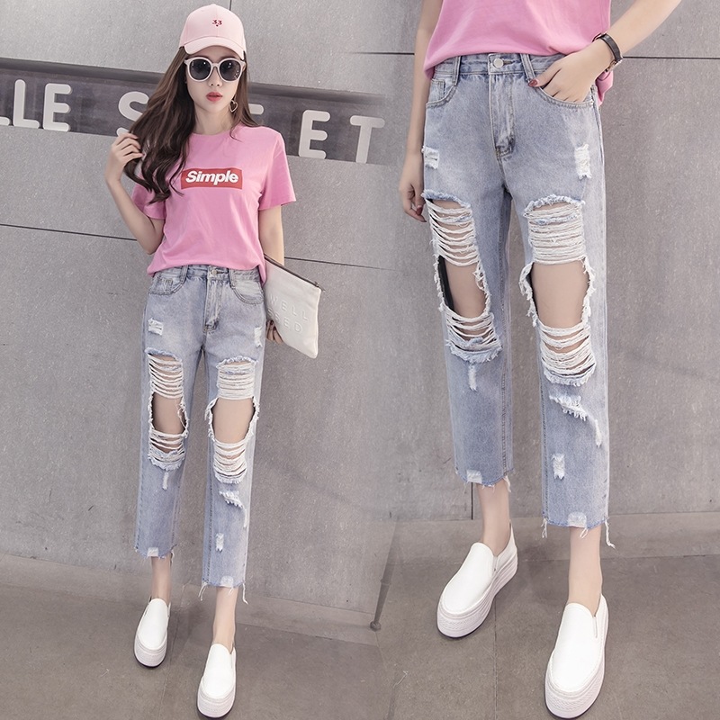大破洞牛仔裤女夏潮宽松显瘦烂洞9分裤女生小脚九分裤漏洞乞丐裤