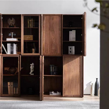 北美黑胡桃木书柜北欧现代简约全实木玻璃门书柜组合满墙书柜定制