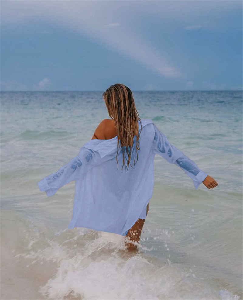 跨境欧美新款皱纹布衬衣沙滩防晒衫海边休闲度假裙泳衣外罩衫8色