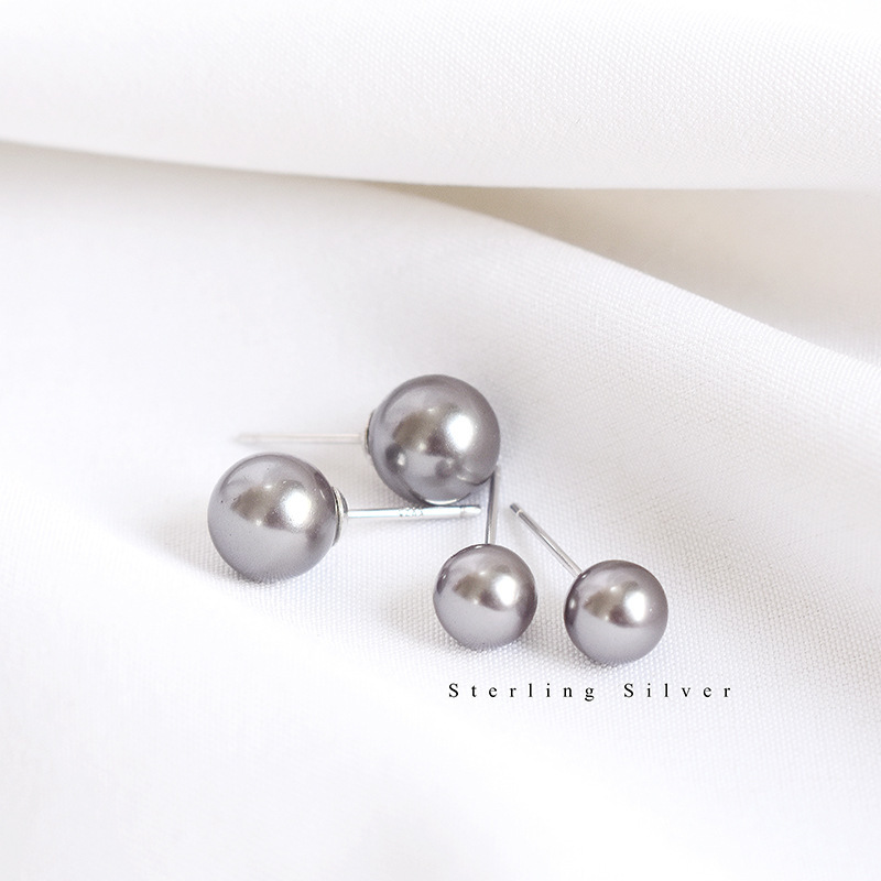 s925纯银耳钉灰色珍珠耳钉ins韩版极简气质耳环个性饰品一件代发