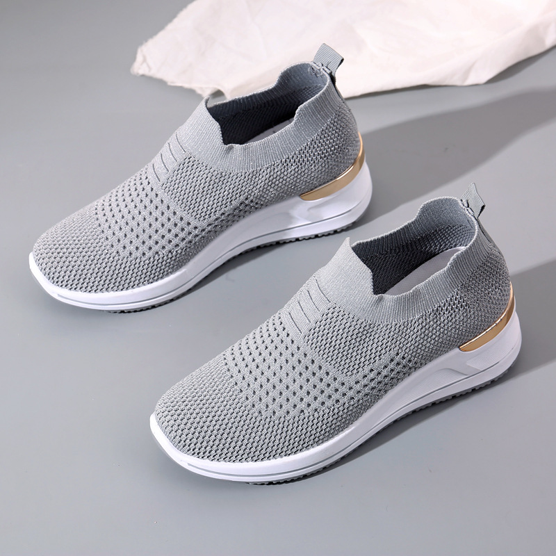 Spring New Sports Shoes Women's All-Match Thick Bottom Breathable Casual Pumps Wedge Women's Shoes Flyknit Mesh Shoes Slip-on