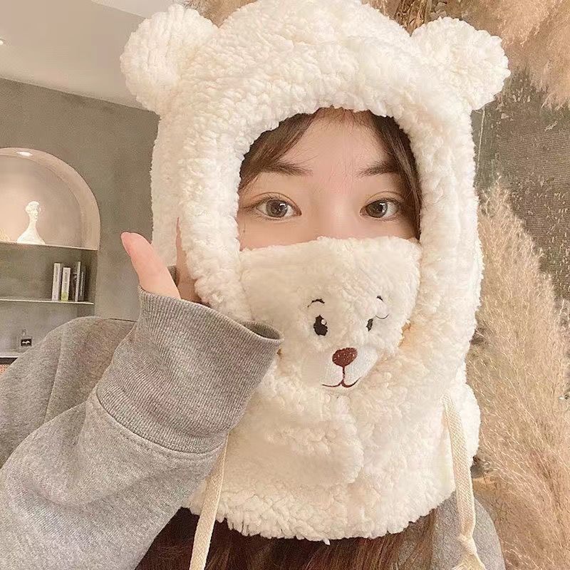 Cute Bear Scarf Hat Warm One-Piece Hat Female Winter Student Lamb Wool Korean Style Hooded Mask Plush Bonnet