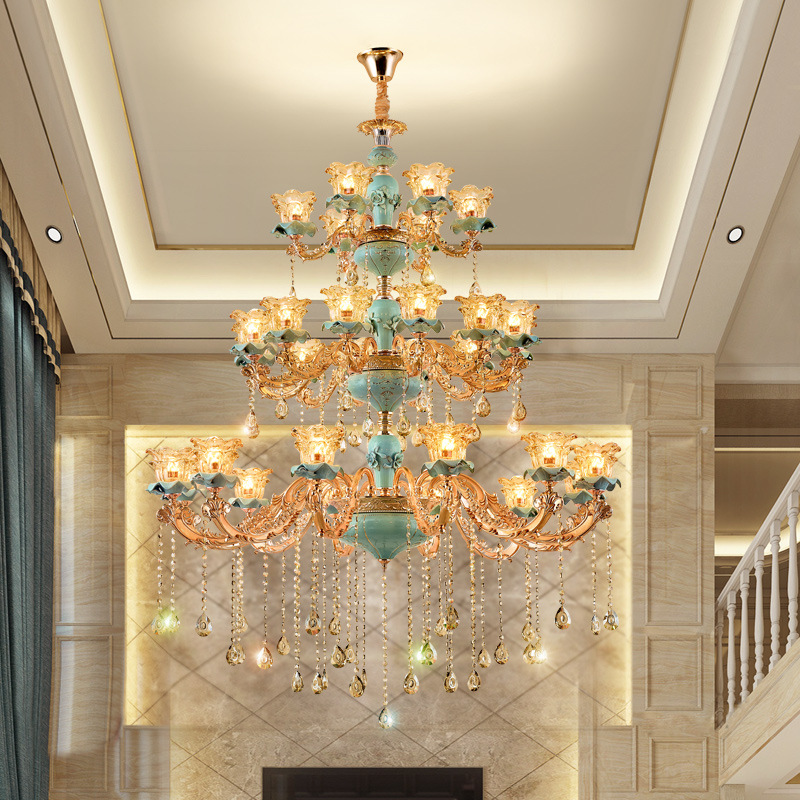 复式楼客厅大吊灯跃层吊灯美式酒店大堂楼梯别墅大厅楼中楼长吊灯