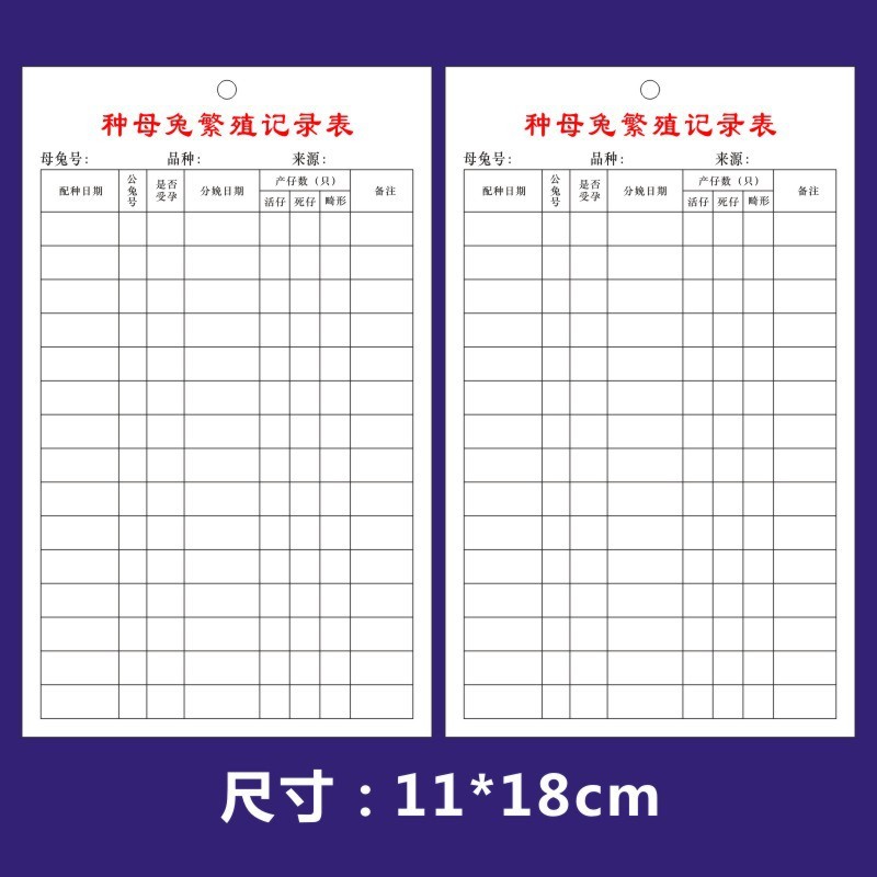 新款 种兔生产记录宠物兔档案卡种母兔公兔繁殖记录表兔子卡养殖