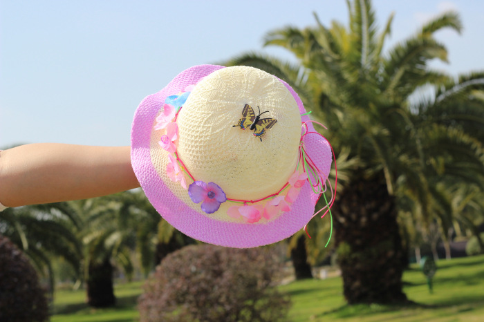 春夏儿童遮阳沙滩帽 户外女童花环防晒草帽 2-6岁公主童帽批发