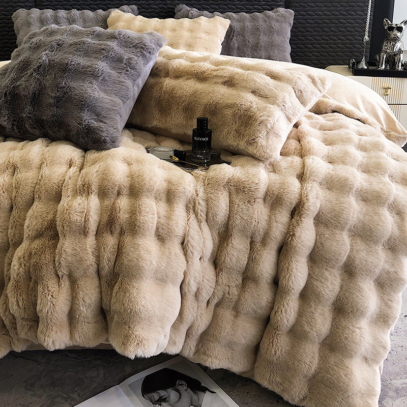 Light Luxury High-End Thickening Bunny Cashmere Four-Piece Set Rex Rabbit Fur Imitation Fur Milk Fiber Double-Sided Velvet Thermal Duvet Cover Wholesale