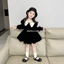 韩国童装女童丝绒连衣裙2023冬季小女孩蝴蝶结领公主裙加绒生日裙