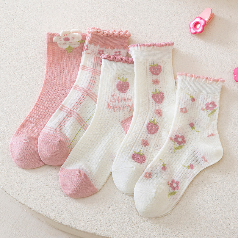 Girls' Socks Spring and Summer New Korean Style Pink Flower Tube Socks Sweet Mesh Cartoon Strawberry Girls' Socks Thin