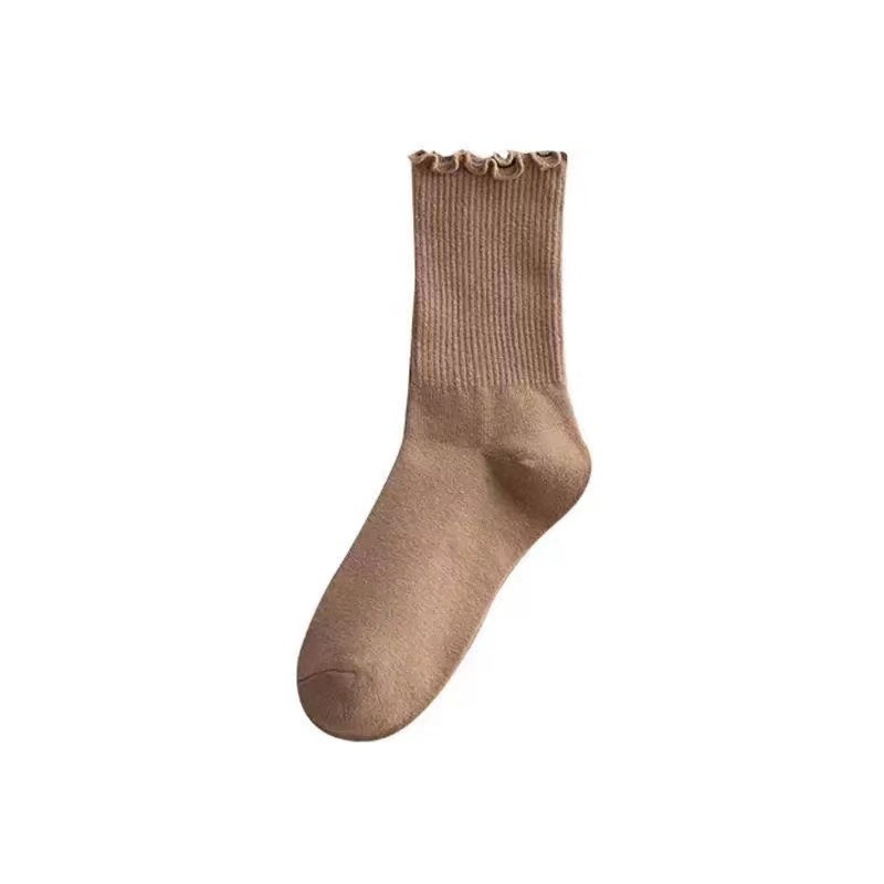 Spring and Autumn Socks Female Wooden Ear Tube Socks Ins Tide Japanese Style All-Matching Lace Socks Autumn and Winter Coffee Color Loose Women's Socks