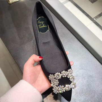 rv平底单鞋水钻百搭方扣雪花扣浅口尖头真丝绸缎婚鞋新娘鞋单鞋