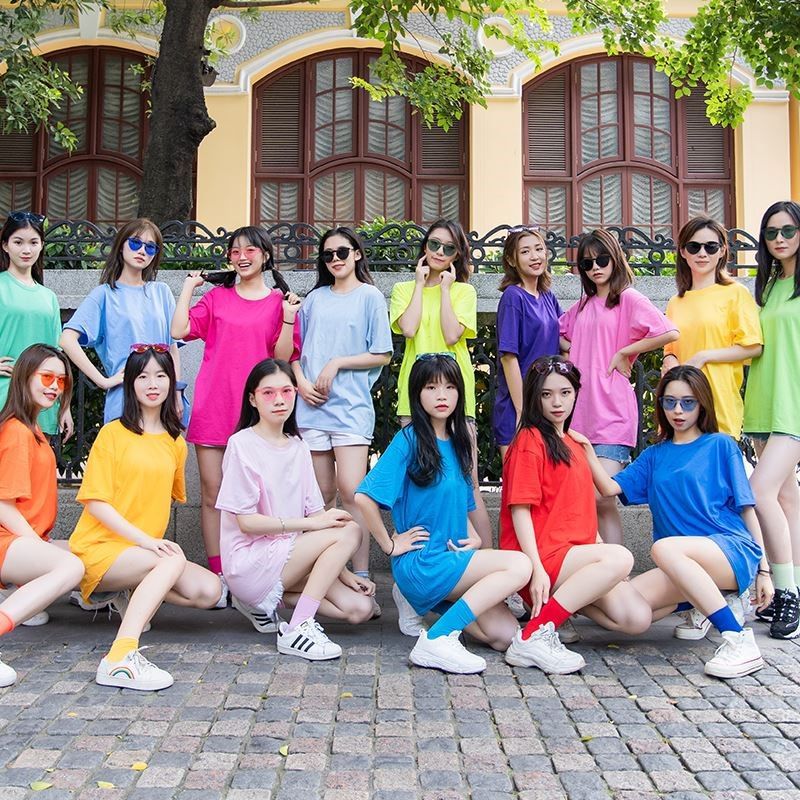 糖果色闺蜜装七彩色t恤女中长款上衣衣服学生聚会圆领女装团体
