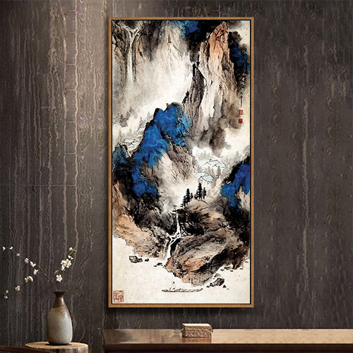 批发张大千新中式客厅玄关装饰画走廊过道挂画竖版山水国画背景墙