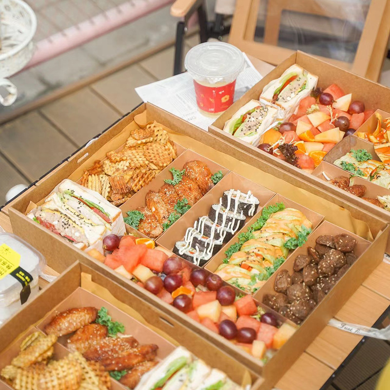 Spring Outing Camping Internet Celebrity Picnic Box Disposable Kraft Paper Lunch Box Dessert Barbecue Bento Light Food to-Go Box